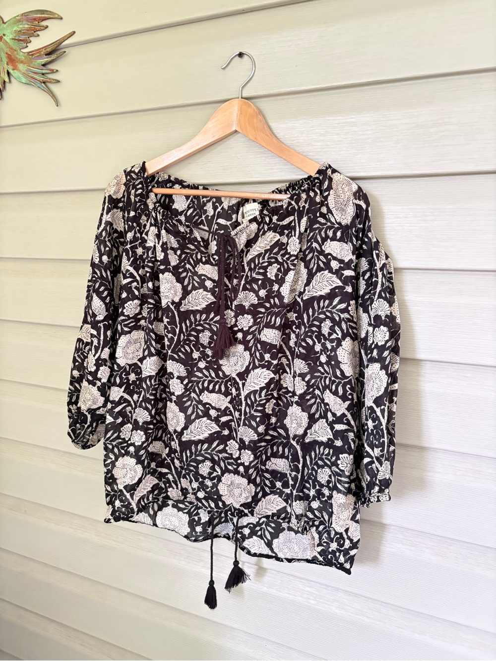 Denim & Supply Ralph Lauren boho peasant blouse tassels white & black floral S